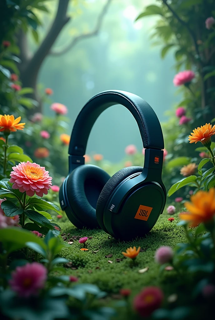 JBL gaming headphones with Green Plants and Flowers grabbing you in the middle of an Enchanted Forest, with a streetwear-style background, ultra detailed, realistic, --AR 4:5 --V 6.1
