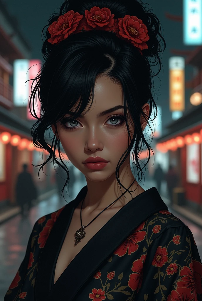 drawing woman, Dark skin, gray eyes, Japan, in worn color, Goddess, warrior, curvy, manuelsart style illustration, tattooed, Front portrait, he would be, strong look, night cinematic lighting, streets at night, black color, Dark, geisha, Samurai,