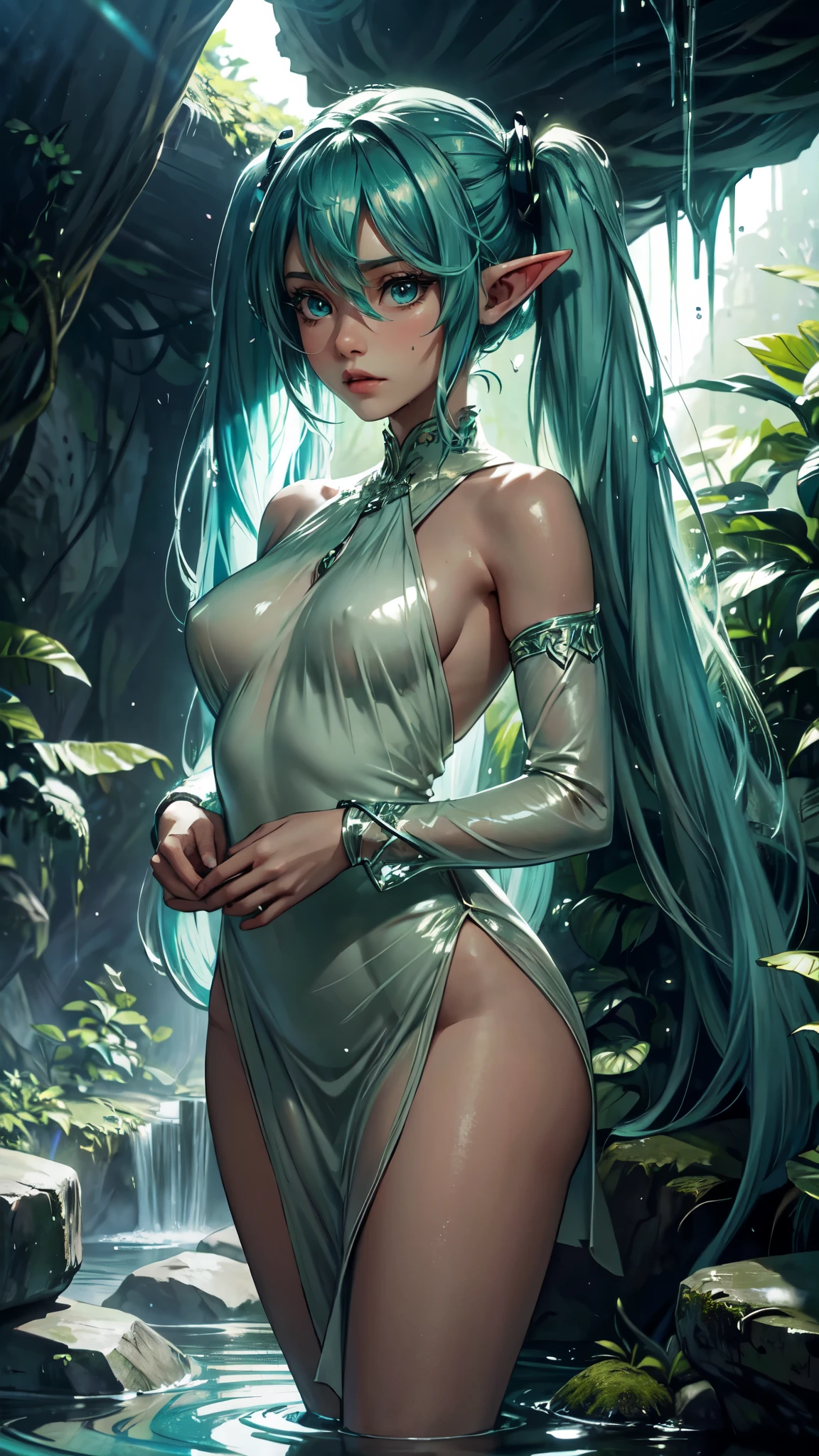 Within a dark cave with an opening at the top, zenithal lighting, bright plants gently illuminating the surroundings with a green hue, thick thighs, wide hips, mature female, (dramatic light:1.3), woman, hatsune miku, solo, dress, flower, long hair, white dress, twintails, very long hair, hol,detailed eyes, detaield hands, detailed face, elf woman, full body, wet,drops of water,wet
