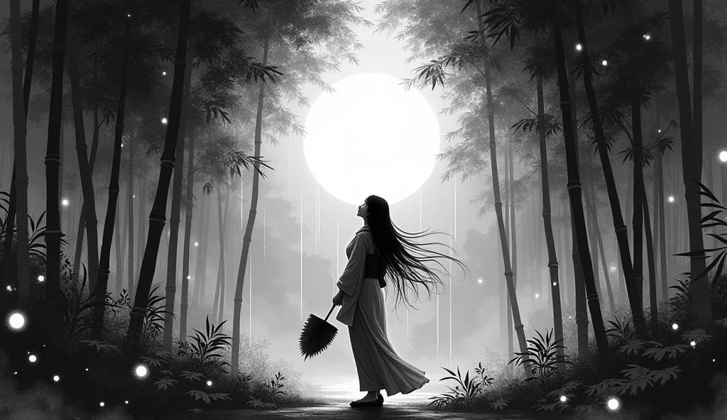 Dynamic ink painting of a Japanese bamboo forest, black and white,monochrome, Great Art, Very deep, Ground shooting, The most beautiful bamboo forest in the world, The bamboo leaves soaked in rain sparkle, moon\(Light blue\) Light clouds cover, Beautiful woman\(Ancient Japanese nobles, Beautiful kimono, Beautiful long black hair\) looking up at the moon holding an umbrella,Drizzle, fireflies flying around, Three-dimensional bamboo leaves in the foreground, Long-range shooting