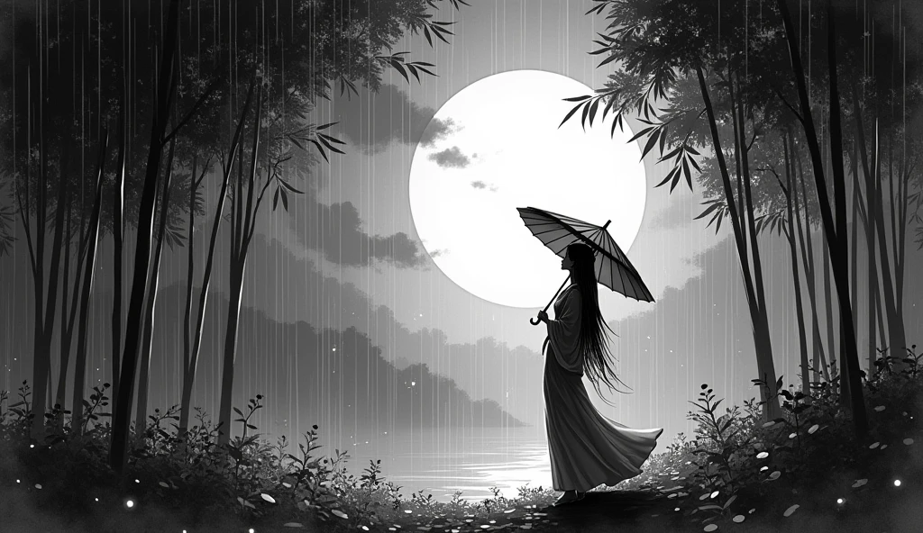 Dynamic ink painting of a Japanese bamboo forest, black and white,monochrome, Great Art, Very deep, Ground shooting, The most beautiful bamboo forest in the world, The bamboo leaves soaked in rain sparkle, moon\(Light blue\) Light clouds cover, Beautiful woman\(Ancient Japanese nobles, Beautiful kimono, Beautiful long black hair\) looking up at the moon holding an umbrella,Drizzle, fireflies flying around, Three-dimensional bamboo leaves in the foreground, Long-range shooting