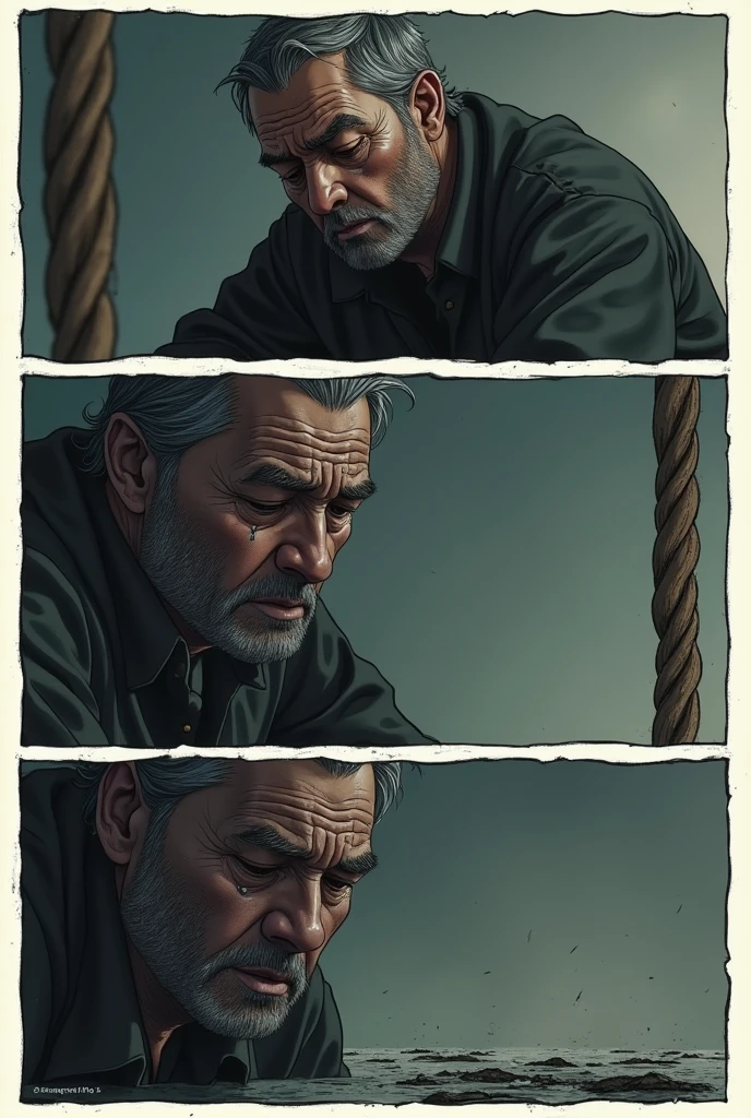 comic , divided into 5 frames, one frame, a man crying with his eyes closed and sad ,stop crying and look up and take the rope and tie it around your neck 