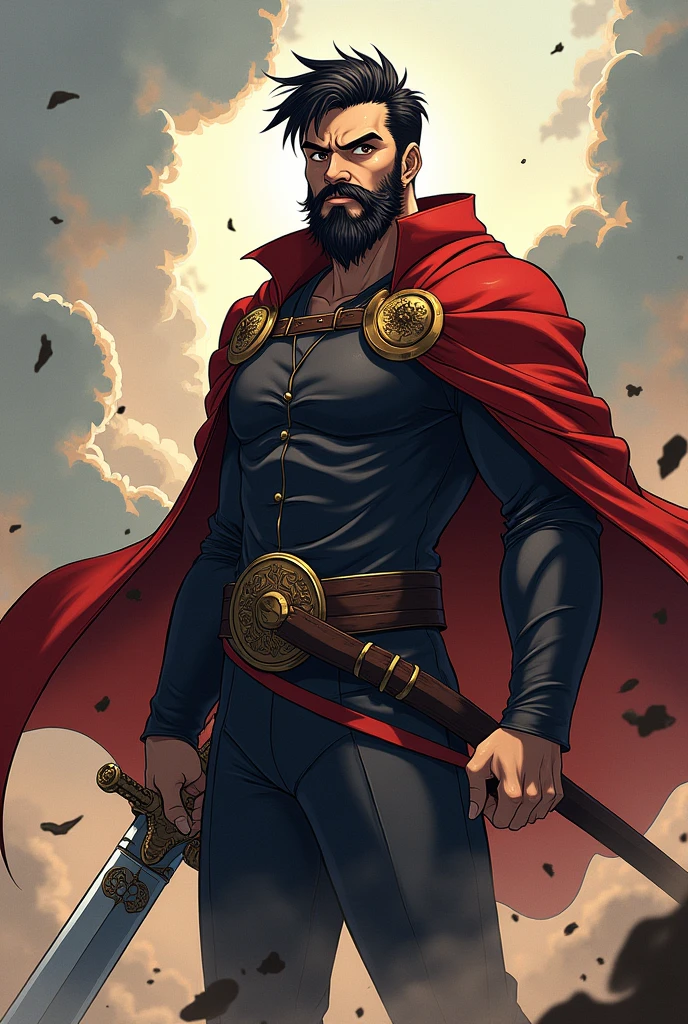 Man 1,70 tall, medium belly, full face beard, The eyes, 3, boku no hero style, using big sword, rounded face, eyes browns, shorth hair, straight hair combed to the side