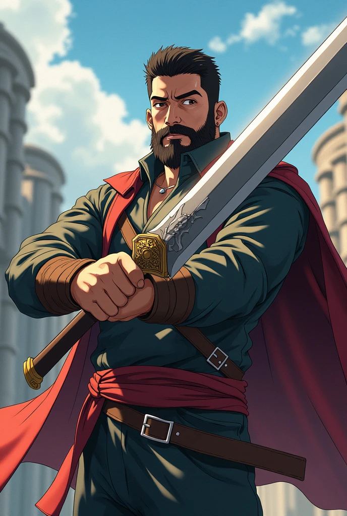 Man 1,70 tall, medium belly, full face beard, The eyes, 3, boku no hero style, using big sword, rounded face, eyes browns, shorth hair, straight hair combed to the side 