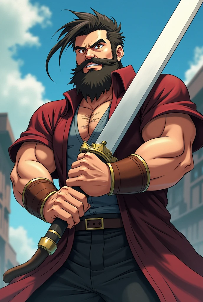 Man 1,70 tall, medium belly, full face beard, The eyes, 3, boku no hero style, using big sword, rounded face, eyes browns, shorth hair, straight hair combed to the side