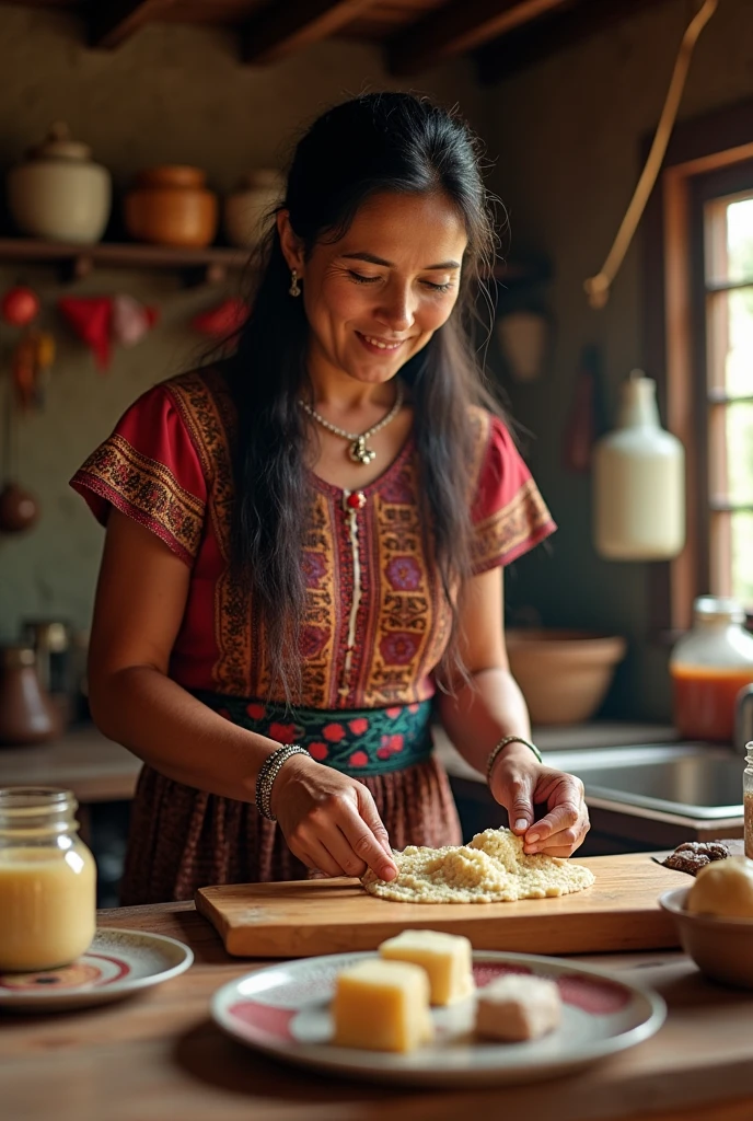 I need you to generate a very realistic image of a lady around 40 to 50 years old of Nicaraguan nationality who is dedicated to preparing traditional Nicaraguan sweets and who is making, for example, coconut cajeta., milk candy among other sweets from Nicaragua