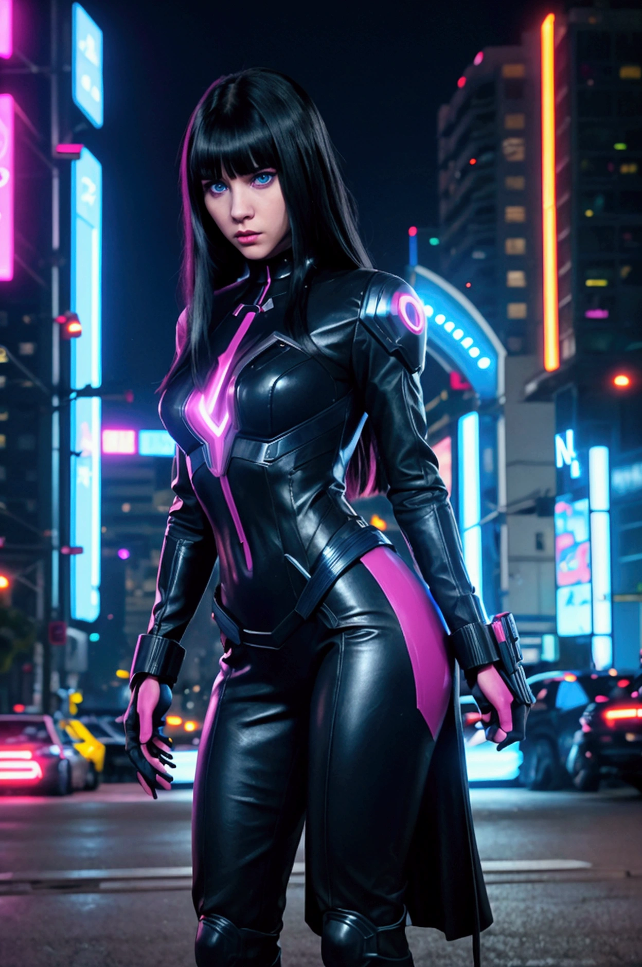 Realistic 4k full body portrait, slim 18s girl, long straight black hair, long bangs. The girl is an Avenger, she has a superheroine leather suit. She has weapons in both hands. Her face is cute and she has big blue eyes. The background is a very realistic night Cyberpunk city with lots of magenta and blue bright neon signs.