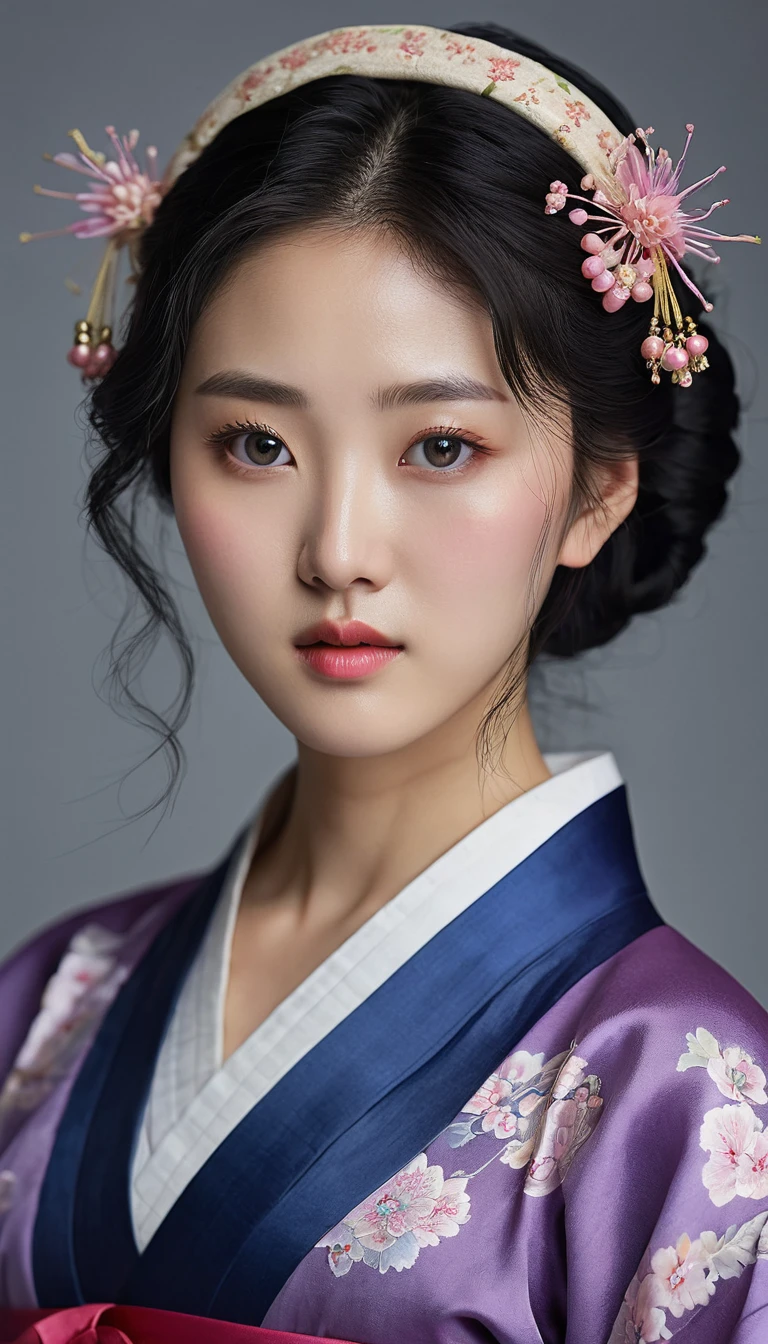 A full-body, realistic image of a young Korean girl with short, dark blue wavy hair that reaches her chin. She has D-cup breasts and light purple, ruby-like eyes. A small mole is visible under her left eye on her delicate, almost porcelain-like face. She wears traditional Korean clothing, capturing the elegance of hanbok, with intricate patterns and soft fabrics. Her expression is one of intense anger and jealousy, adding depth and emotion to her delicate features. The lighting should highlight the contrast between her dark hair and light skin, emphasizing the richness of the clothing's colors and the subtleties of her facial expression.
