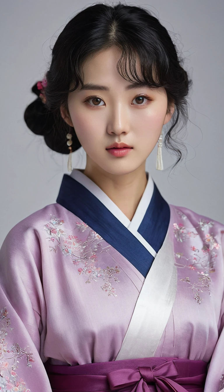 A full-body, realistic image of a young Korean girl with short, dark blue wavy hair that reaches her chin. She has D-cup breasts and light purple, ruby-like eyes. A small mole is visible under her left eye on her delicate, almost porcelain-like face. She wears traditional Korean clothing, capturing the elegance of hanbok, with intricate patterns and soft fabrics. Her expression is one of intense anger and jealousy, adding depth and emotion to her delicate features. The lighting should highlight the contrast ween her dark hair and light skin, emphasizing the richness of the clothing's colors and the subtleties of her facpression.