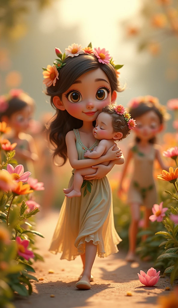 a close-up of a mother holding her  in her arms walking through flowers, humanoids covered in flowers, flowers grow from the body, walking along a walkway full of flowers, parade gracefully along a path full of flowers, Baby in mother's lap, expressive and captivating eyes with perfect movements, perfect lively and captivating eyes. still animation film, animated film, animated film still, animated film, animated film, animated film.  whimsical art, mom with her babyby in mother&#39;s arms gracefully parades along flower-filled path. Move your head forward, looking straight ahead,  Fluid and very romantic models. Lively and captivating look, perfect movements. Flawless style and perfect fit, high quality costume, cute outfit, impeccable appearance!!! 