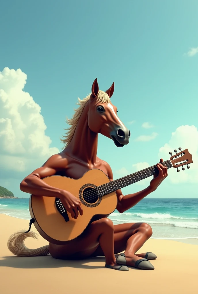 Real horse with a guitare  sitting on sand 