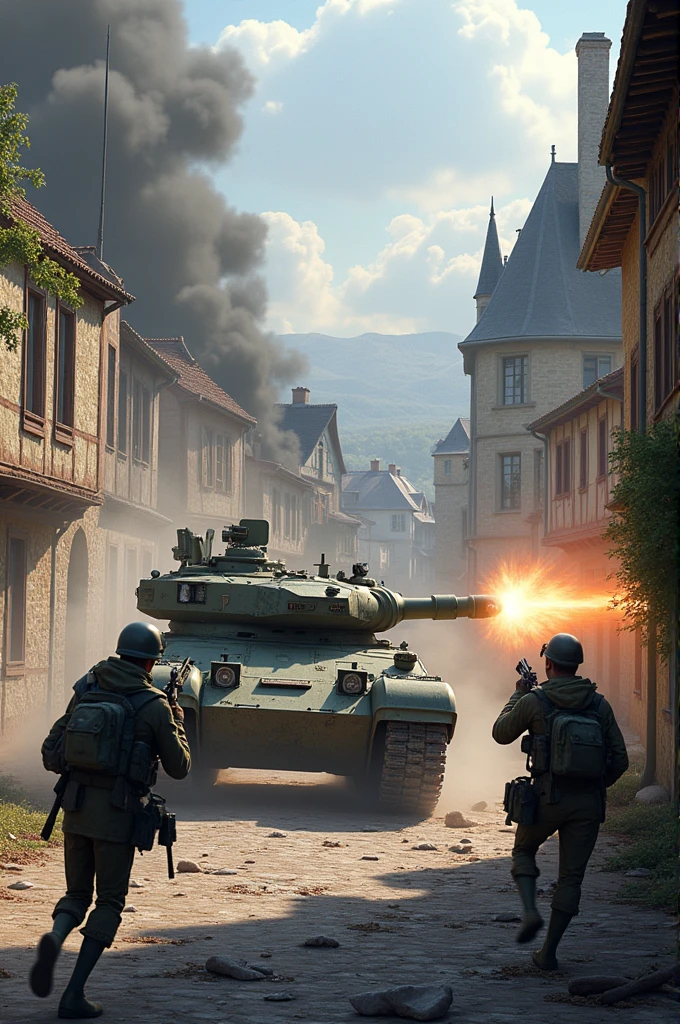 Combat de char et de fantassin dans un village en France en 2025
