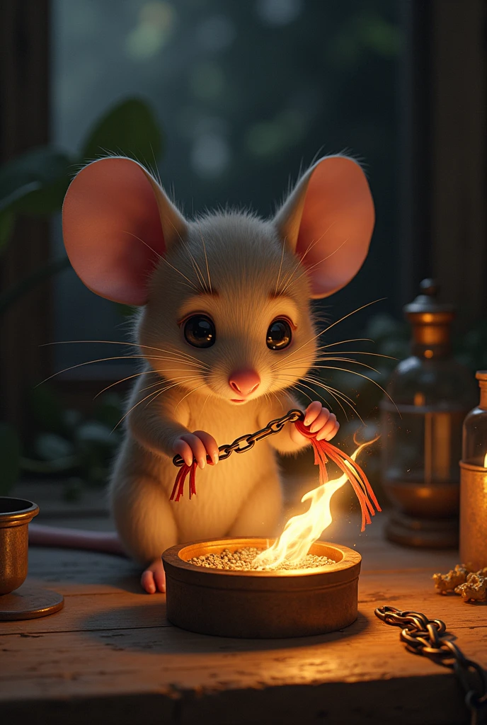 Take the tips of the mouse tail ribbons and burn them with the tinderbox, This way you can insert the tips between the chain links without any problems..