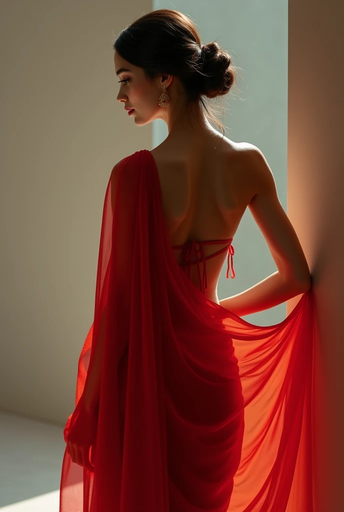 Hot indian female showing her butt from back side her skin is white colour wearing red    saree