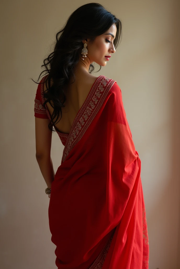 Hot indian female showing her butt from back side her skin is white colour wearing red saree