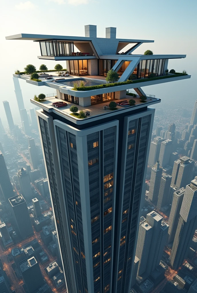 create image of a modern mansion on top of a 20-story building