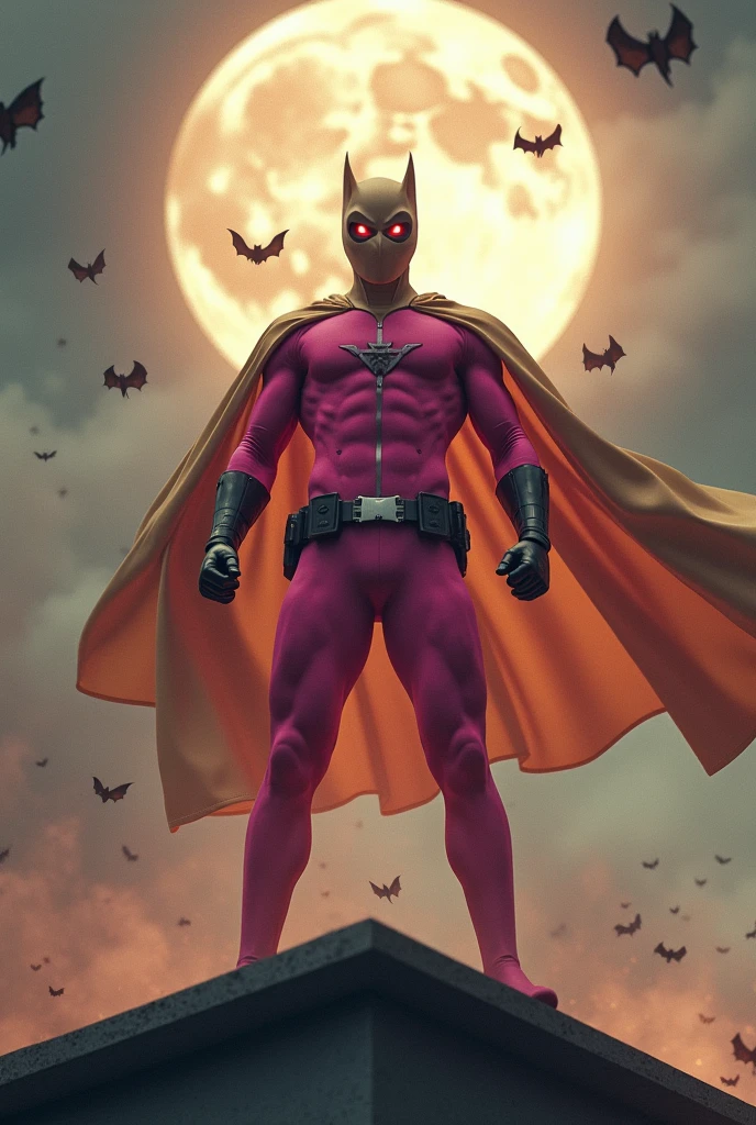 Malaysia man in high-tech suit, vivid effects, malaysian superhero(( (KELUANG MAN)) in a striking pink and brown beige costume cyberpunk design((, mask small mini bat ear beige,))(( daredevil beige batman mask beige))jumpsuit dark pink stands confidently in a dramatic.jumping from high place.hero costume.one hand rise up. (Small punisher in triangle shape on chest.). jumping from hight place. Fighting pose , stormy landscape. ((Head covered node guard like batman.)) Running pose , athletic body type, small mini ear bat mask))The character wears domino mask a helmet with pointed mini torn ears and a flowing cape biege, open nose and mouth. Equipped with visible futuristic weapons on a belt,bullet proof jacket pink dark day.show fingers pose, dark night, big supermoon effect . Small logo on chest triangle shape small ((mitch gerads punisher ))logo center triangle cyber logo center on chest pink logo mini logo Casey Jones mask on the logo on chest. )). rocky. Building top.smoke ground , bomb effect background((, losse pants, losses costume.))adding to --ar 3:4 --style raw --stylize 500 --v 6.1. chaos. Lot of small flying bat. Hand glove. One leg on the high stone. Man. Backpack . Real man age 40 year old. One hand holding belt. Jump from high place. Open cape.two hand holding pistol