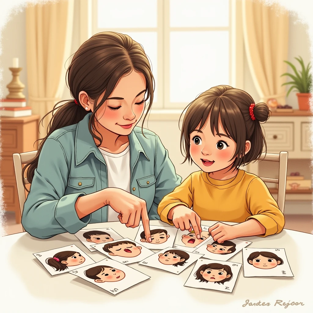 Hand-drawn illustration of a parent and child sitting at a table with various facial expression cards spread out. The child is pointing to a card showing a happy face while the parent helps by pointing to a card showing a sad face. The background is a warm, inviting room, emphasizing emotional awareness and communication