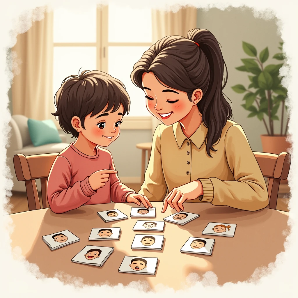 Hand-drawn illustration of a parent and sitting at a table with various facial expression cards spread out. The child is pointing to a card showing a happy face while the parent helps by pointing to a card showing a sad face. The background is a warm, inviting room, emphasizing emotional awareness and communication