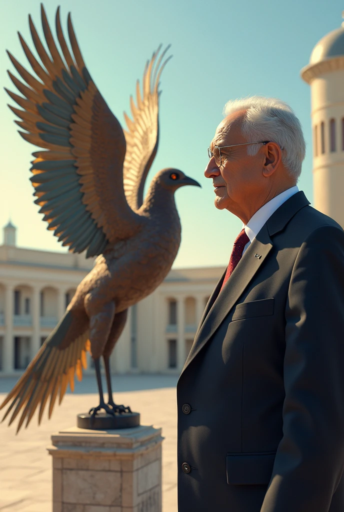 Islam Karimov, the first president of the Republic of Uzbekistan, looking at Huma bird in the independence square