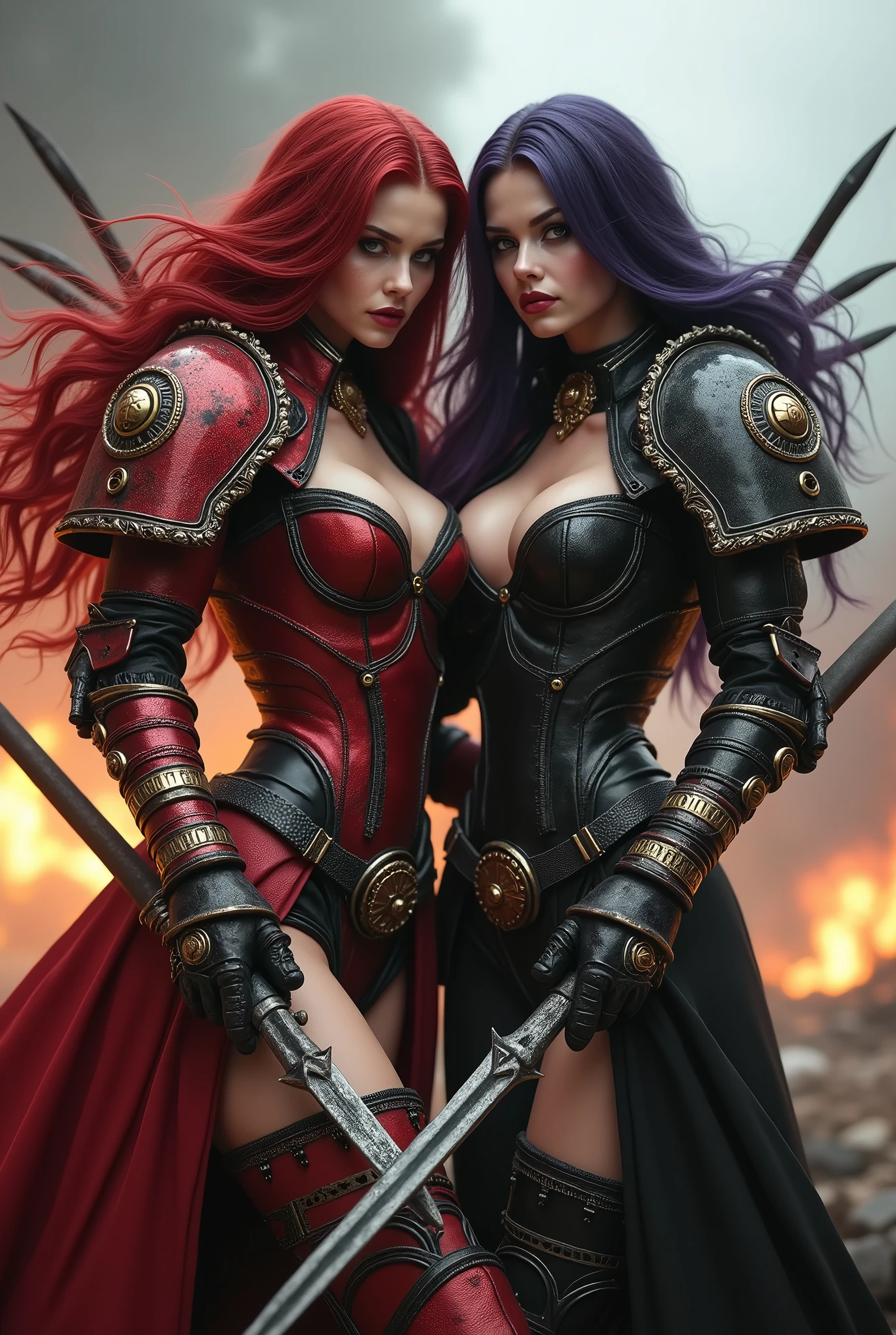 Beautiful woman detailed defined body using Skimpy leather armor with a sabre on the hand , medium breasts, (visible ) , dark blue hair with red highlights, dark red lipstick, green eyes, Nipple transparent trought costume