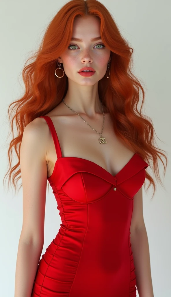 1 Girl,full body shot (1.3),close up face shot (1.3), face shot, corridor,Soft Light, Italian Beauty,Tight Fit,dress,Light-haired,long hair,
white background, gorgeous Italian-Irish girl, doll face, with thick and long wavy fiery red hair, big and large almond emerald green bright eyes, long and thick curly black eyelashes, button nose, high nose bridge, fullest and plumpest rosy red luscious lips, heart face shape, shorter face, shorter chin, defined jawline, tiny face size, a pale brown mole under the left eye, pale milky white traslucent perfect skin, whitening skin, hourglass shaped body, tiny and narrow waist, rounded hips, long and slender beautiful legs, big perfect brests (1.4), large breasts, bust size 84 cm, waist 57 cm, hips 86 cm, bra size 34 D, tall at 5’8, full body image, realistic, photorealistic, ultradetailed, skin texture, hyperealismHigh Resolution, Closed Mouth, highly detailed, high resolution 8K, wearing a tight fit red chanel dress highliting her horglass body, wearing detailed jewlry, 20-years-old