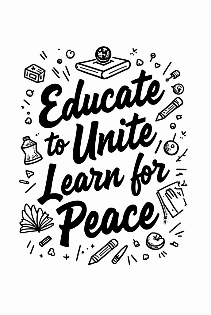 Educate to Unite, Learn for Peace slogan doodle drawing black and white only text with designs put a random related drawings
Make it a vector connected drawings big