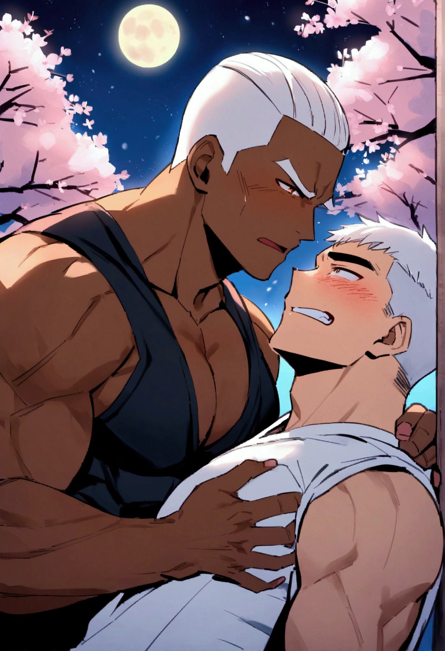 Highest quality、Two muscular men devour each other、grabbing another’s chest、manly、White Hair、crew cut、Dark Skin、Macho、Embarrassed face、Cherry Blossoms at Night、full moon、Night starry sky