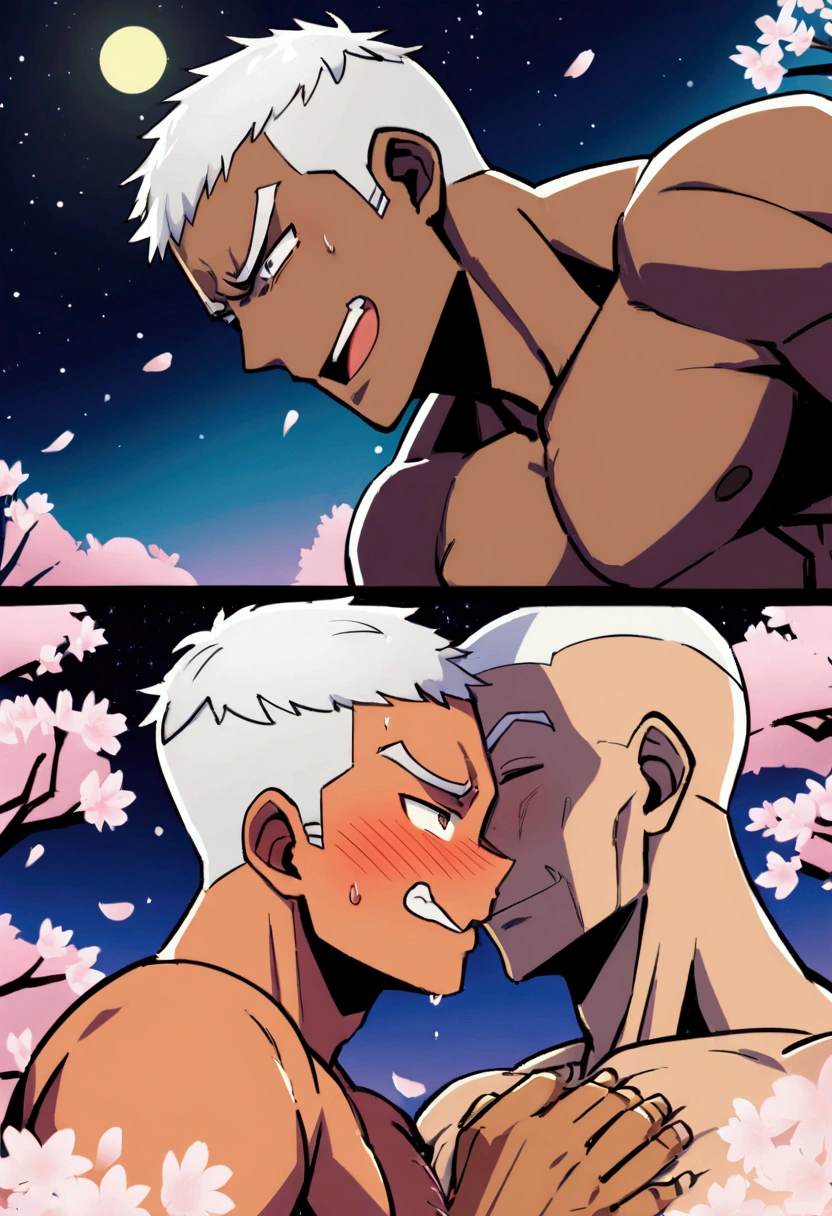 Highest quality、Two muscular men devour each other、grabbing another’s chest、manly、White Hair、crew cut、Dark Skin、Macho、Embarrassed face、Cherry Blossoms at Night、full moon、Night starry sky