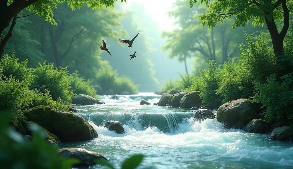 flowing river water, chirping birds, mossy rocks, flowing fast 