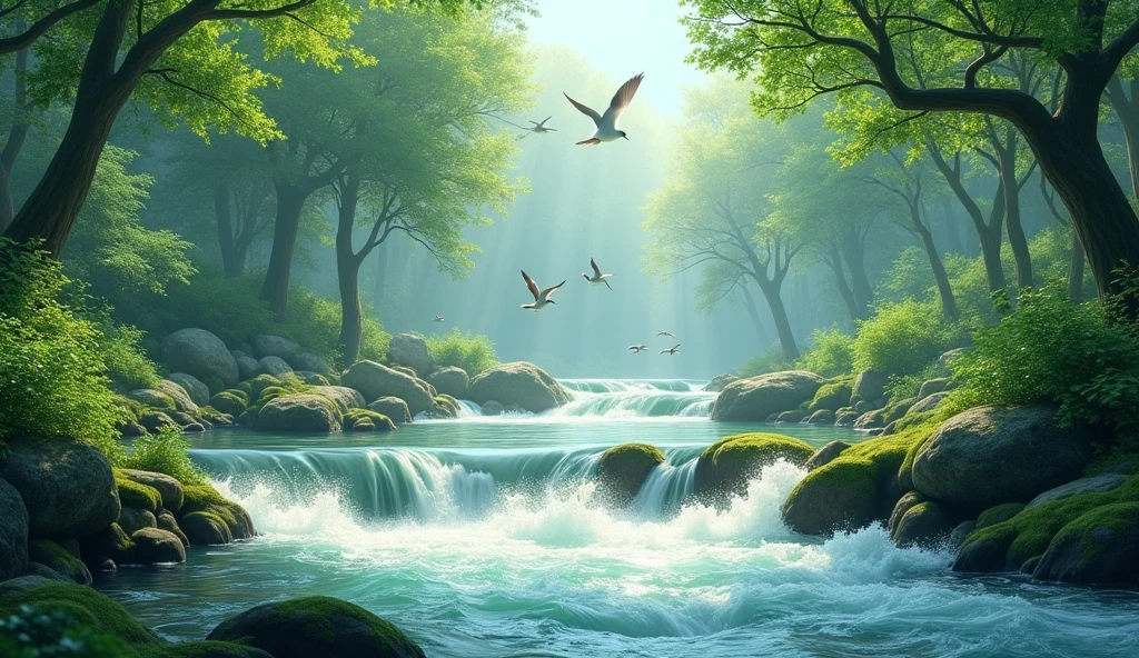 flowing river water, chirping birds, mossy rocks, flowing fast
