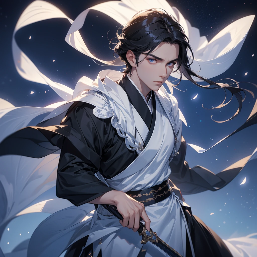 A Handsome black-hair male holding a large sword in white hanfu dress, Background is a dark night, with moonlight and millions of stars, twinkling everywhere, with blue light, close up.
