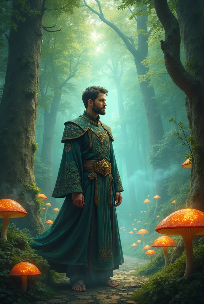 Man in a magical forest with the adventures of Florian the fox man written in the middle