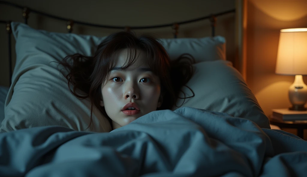 a beautiful brunet asian women waking up in fear in a cozy dark bedroom 