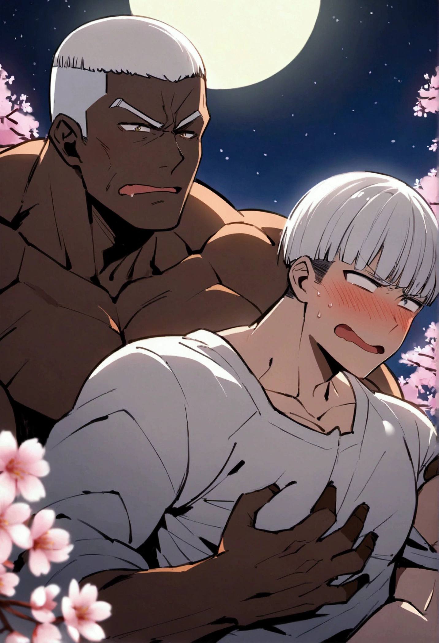 Highest quality、Two muscular men devour each other、grabbing another’s chest、manly、White Hair、crew cut、Dark Skin、Macho、Embarrassed face、Cherry Blossoms at Night、full moon、Night starry sky