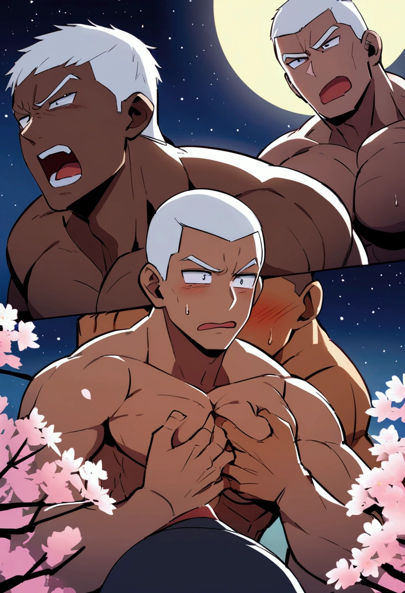 Highest quality、Two muscular men devour each other、grabbing another’s chest、manly、White Hair、crew cut、Dark Skin、Macho、Embarrassed face、Cherry Blossoms at Night、full moon、Night starry sky
