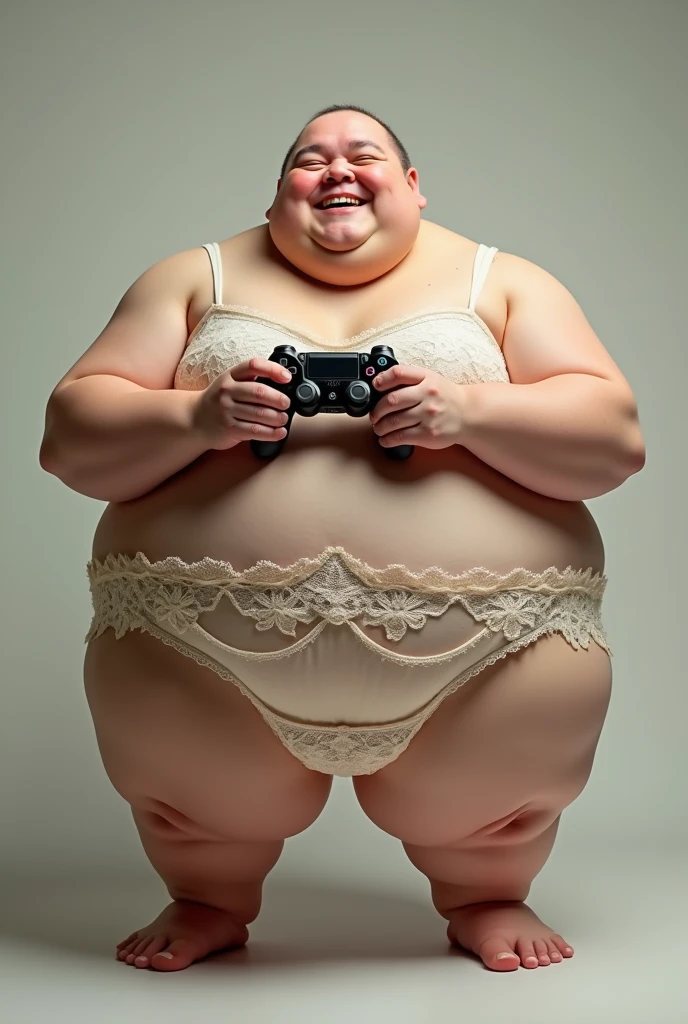 Fat man in bra holding PlayStation 4 controller