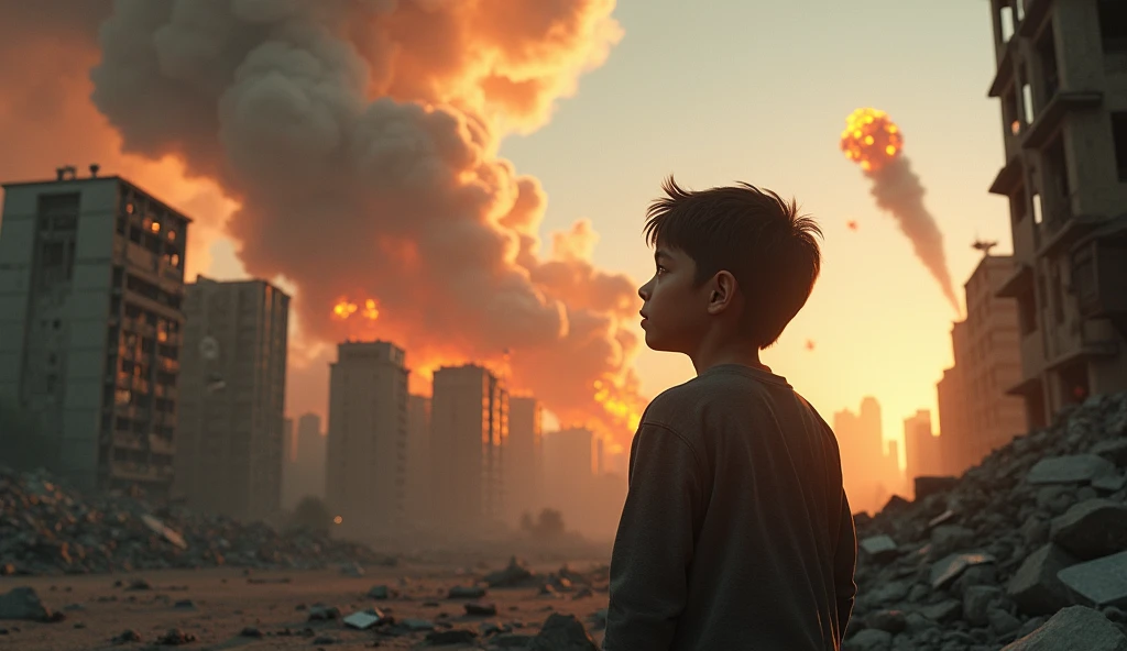 2024; (masterpiece, best quality) destroyed city (Los Angeles)1sad boy looking up(close-up); bombs falling from the sky.; fire around; big explosions.