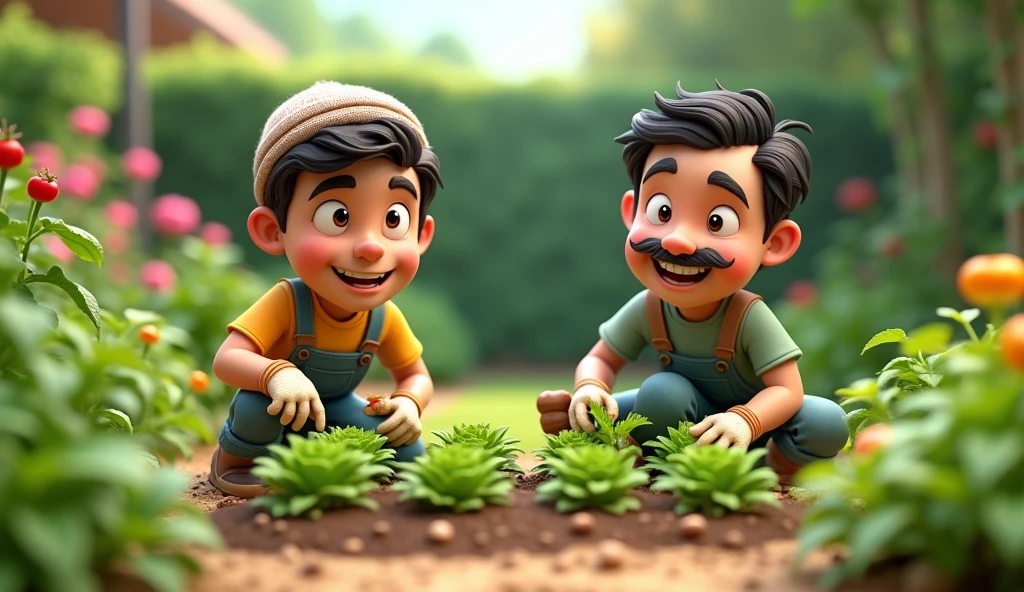 Show Ali working in his garden, and Hasan attempting to grow vegetables with a messy and overgrown plot.Cartoon 3d image
