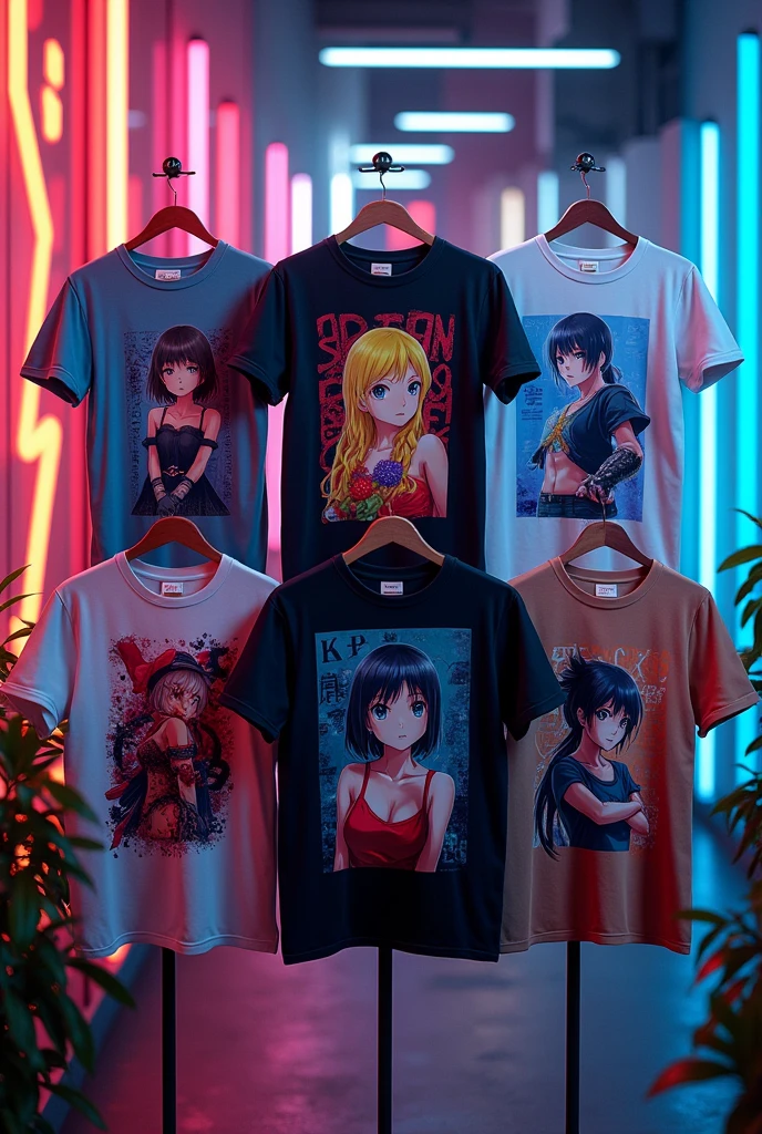 Generate an image of several t-shirts with different anime designs and give it an aesthetic background with neon lights.