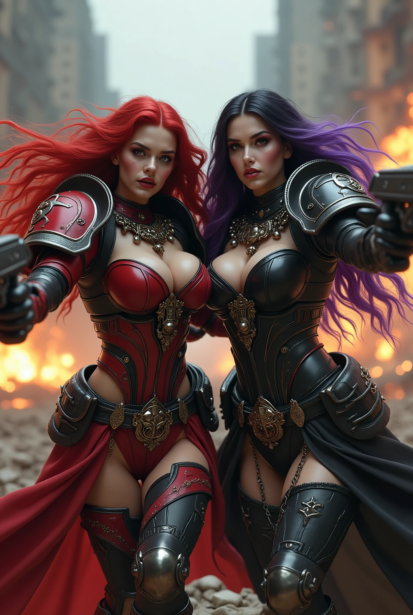 Full body pose sexy sisters of battle from the warhammer 40k, shooting at the enemy, red space marine armor with intricate details, black space marine armor with intricate details, symbols on the armor, sisters of battle, warhammer 40k, Massive exposed silicone breast, pale skin, seductive, temptation, eat your soul, clevage, long red flowing hair, long black flowing hair with purple highlights, heavy gothic makeup, at night, neon, beautiful detailed eyes, beautiful detailed lips, extremely detailed eyes and face, long eyelashes, highly detailed armor, intricate futuristic weaponry, dramatic lighting, cinematic composition, muted color palette, gritty and realistic, mecha, science fiction, hyper-detailed, photorealistic, award winning digital art, 8k, HDR, masters work, in the middle of a battle field, full body combat action pose, explosions and fire around, full war, stunning, Stilleto heels, high heels, full body pose, cinematic, movie trailer, final stand!, nemesis, ready to strike, dust and debree, combat screams, attacking, shooting at the enemy, running forward, last line of defense, charging, fanatic, religious, templar knights, sisters of battle, warhammer 40k, shooting at the enemy, bimbo gigantic exposed breast, jetpacks, space marine, stilleto heels, cinematic light, cameltoe pussy, beautiful pussy, wet pussy, wet body, oiled body, gigantic breast, dynamic super sexy combat action pose, sisters of battle from the warhammer 40K