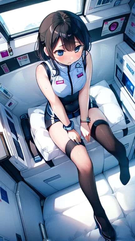 (Highest quality), (masterpiece), 1080P, High resolution, 4K, 8k, Inside the space station、Futuristic room、Thigh straps, Shooting from directly below, The woman on top of me, 白いSweat, Covered , Sweat, Woman looking down, Skirt swimsuit, Thigh-high socks, To achieve this, , , whole body, Black leather shoes, Braided hair, Inner Color, Embarrassed face, Short black hair, bracelet, Bedroom,celestial body_Vest