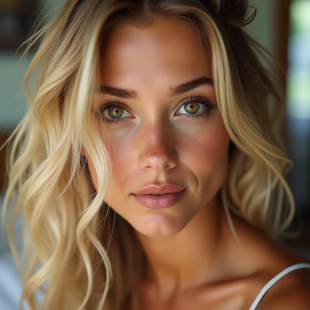 Blonde 20 years old brown eyes pretty tanned face