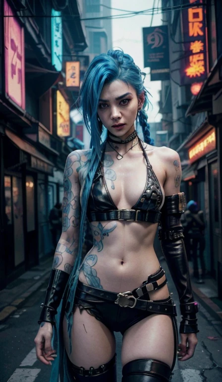 Arcane Bad Luck,(picture of behind), sexy panties, a woman with blue hair and tattoos, cyberpunk woman anime woman, pants, Beautiful angry cyberpunk goddess, cyberpunk artstyle, cyberpunk anime digital art, cyberpunk anime art, Arcane Jinx Retrato, cyberpunk anime art, cyberpunk themed art, Cyberpunk dark fantasy