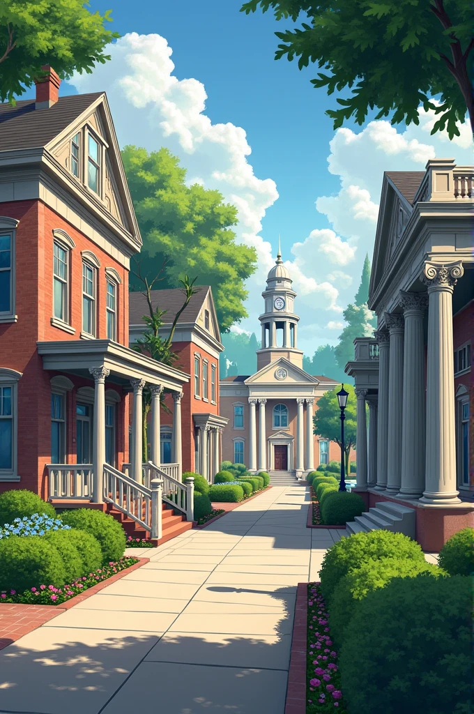 Sidewalk house with a bank and a court