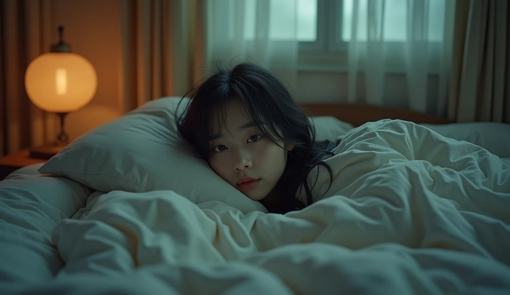 a beautiful asian girl waking up in fear in a cozy dark bedroom