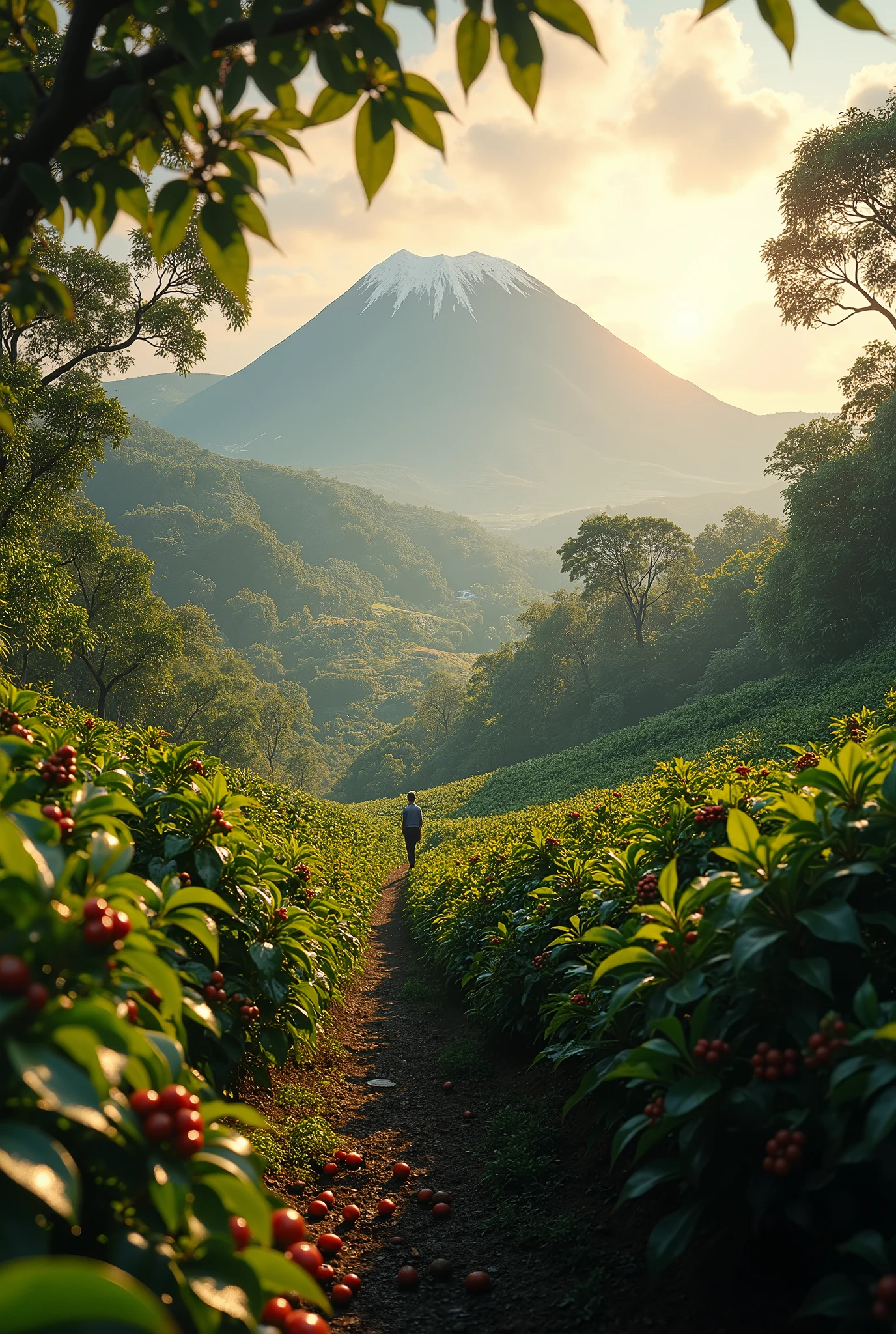 (best quality,4k,8k,highres,masterpiece:1.2),ultra-detailed,realistic,portraits,green,beautiful,coffee plantations,red coffee berries,rich soil,dew-covered leaves,morning sun,kilimanjaro backdrop,warm golden light,artistic,emerald,coffee bean fields,dense,abundant shade,cool breeze,harvest season,ripe cherries,fresh aroma,coffee lovers,ethereal,vibrant,serene,tranquil,peaceful,indulgent,caffeine,aromatic,fertile soil,coffee hamlet,quaint,farmers,proud,baristas,cultivation,hand-picked,brewing tradition,artisanal craftsmanship,coffee cup,fragrant steam,journey of flavors,caffeination,remote location,distant mountains,cascading waterfalls.