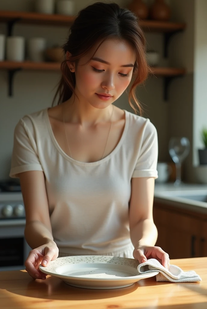 Woman seen from the front drying a plate with a kitchen towel