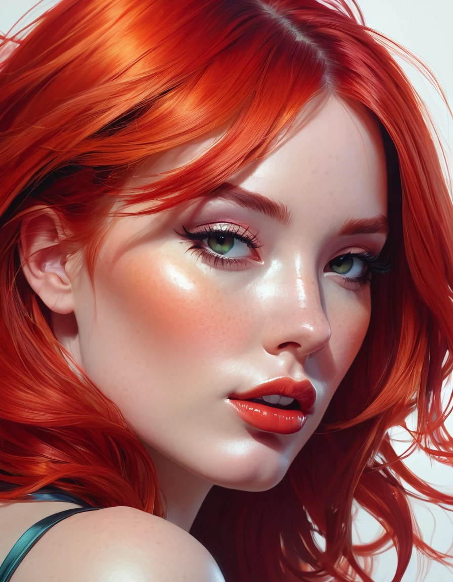 A close up portrait of a woman with red hair., mystery, artgerm style, in the artgerm style, extremely detailed artistic germ, Lois van Baarle y Rossdraws, german style art, artgerm y rossdraws, comic artgerm, colorful art germ!!!, in artgerm style