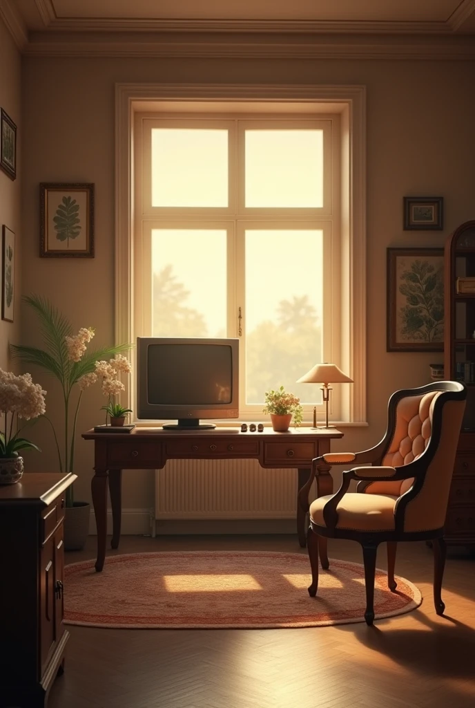 Create a room with a desk and a TV in the middle, that has a sepia effect, let it be afternoon, with the sun almost setting